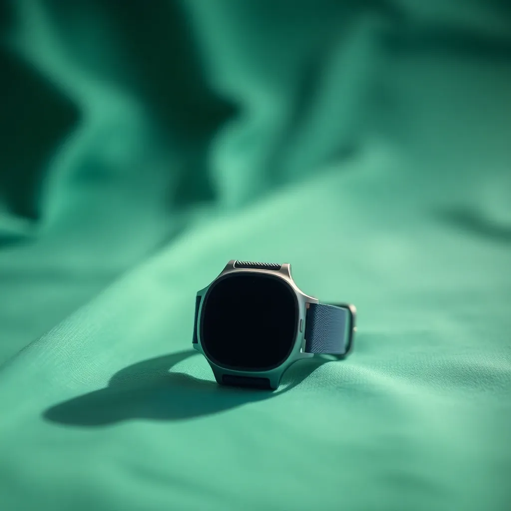 This close-up shot features a modern fitness tracker resting on a textured fabric surface, showcasing its intricate design and vibrant display. The soft, diffused lighting highlights the watch's features, while a gentle blur surrounds it, creating a sense of focus and importance. The colors of the image convey freshness and vitality, mirroring the health-conscious theme. Perfect for fitness and wellness promotions, this image captures the essence of modern wearable technology.