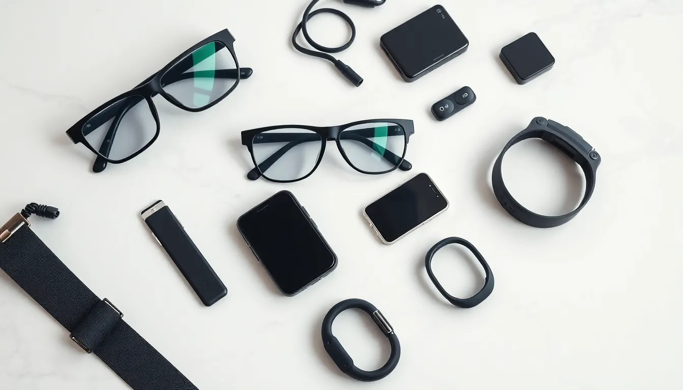 This clean and stylish flat lay showcases an assortment of wearable technology items, including smart glasses and a VR headset, arranged thoughtfully on a luxurious marble surface. The high-key studio lighting highlights details while maintaining a vibrant color palette. Every piece is crisply focused, inviting viewers to explore the innovative designs of modern tech. This image appeals to both tech enthusiasts and fashion-forward consumers alike.