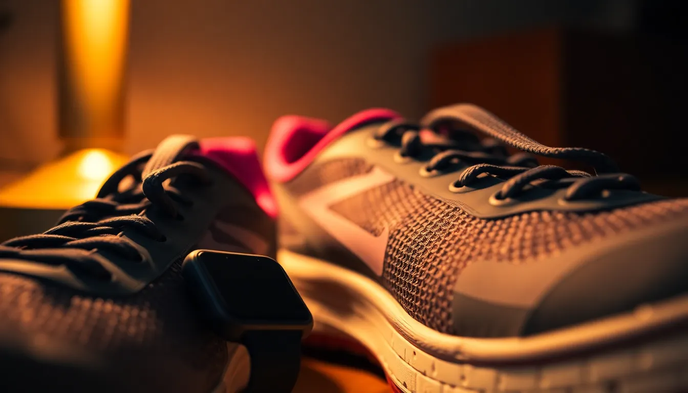 This macro shot features a fitness tracker elegantly positioned next to a stylish pair of running shoes. The warm tungsten light casts an inviting glow and highlights the intricate details of the wearable tech. Shot with a rich Kodak Portra 400-inspired color palette, the image draws attention to textures and craftsmanship, evoking a sense of active lifestyle readiness. The composition emphasizes the relationship between the tracker and the shoes, enhancing the theme of fitness.