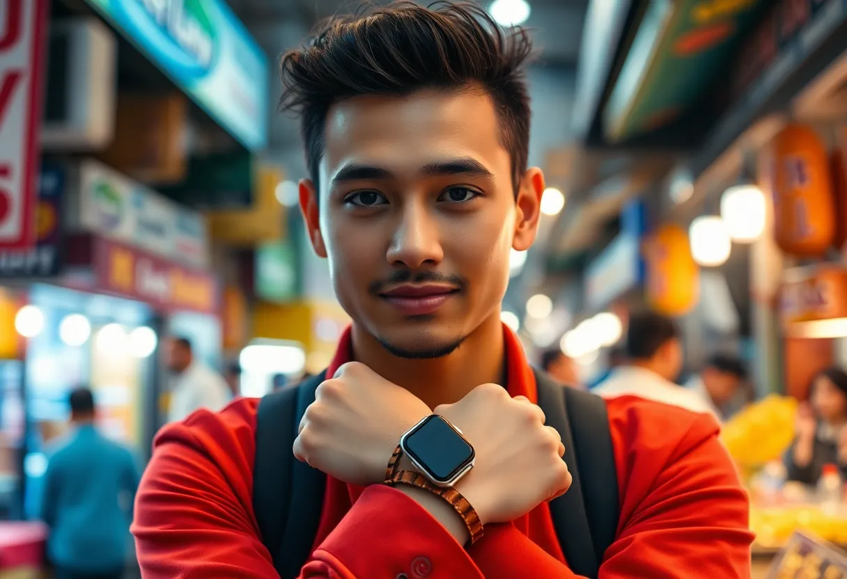 In a bustling street market, a stylish individual is showcased wearing a modern smart bracelet, embodying the fusion of technology and everyday life. Mixed practical and ambient lighting captures the vibrant atmosphere, while a shallow depth of field draws attention to the person's joyful expression and the bracelet's features. The bright color palette reflects the lively energy of the market, making this image ideal for lifestyle or technology promotions.