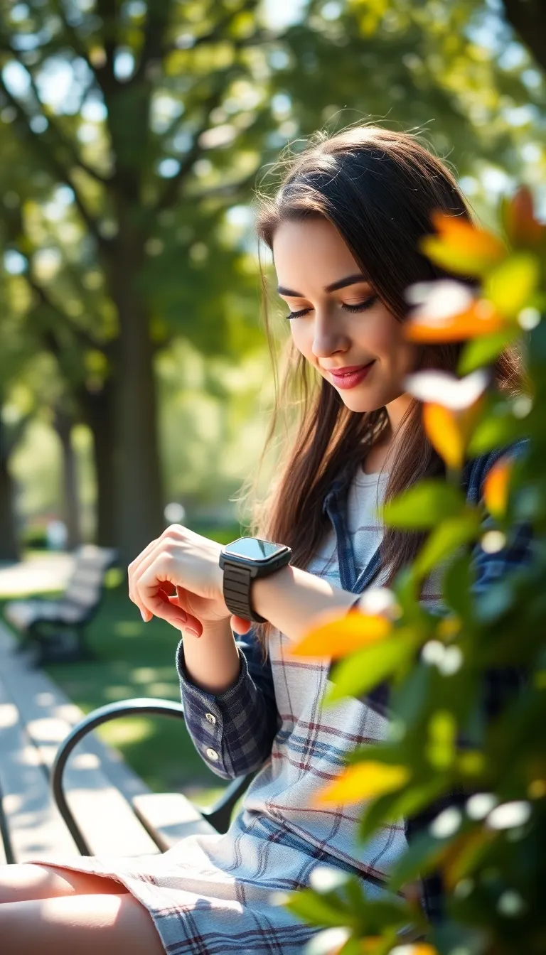 Young Woman Checking Smartwatch in Park