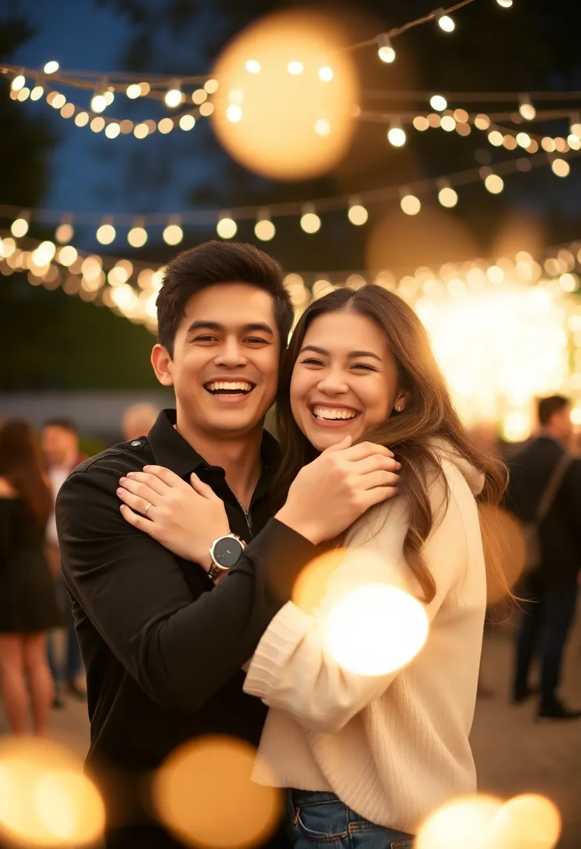 This heartwarming image depicts a young couple joyously embracing at an outdoor evening event, both proudly displaying their matching smartwatches. The enchanting glow of fairy lights above sets a romantic mood, while the soft focus on their faces emphasizes connection and love. Warm golden tones wrap the scene, inviting viewers into this intimate moment. This image captures the blend of technology and romance in a modern setting.