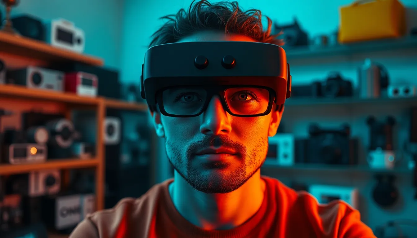 Man Using Augmented Reality Glasses in Workspace This dynamic image captures a focused man utilizing augmented reality glasses in a modern, tech-filled workspace. The high-contrast lighting emphasizes his intense expression, with dramatic shadows creating depth around him. The cinematic teal and orange color grading adds a contemporary feel to the scene, while the selective focus brings attention to his eyes and the virtual interface he interacts with. This composition showcases the intersection of human creativity and cutting-edge technology, inviting viewers into a world of innovation.