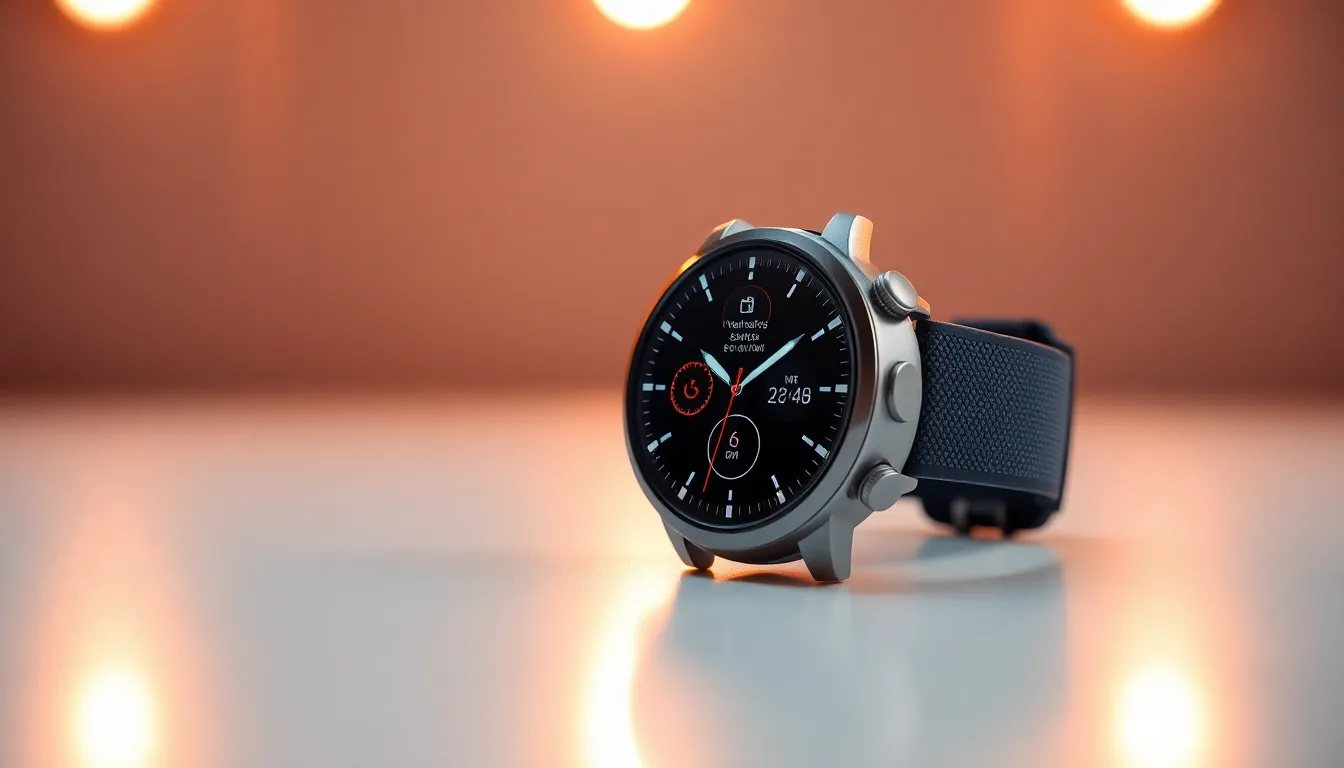 A hyper-detailed image of a modern smartwatch captured in a vibrant studio setting. The watch's screen illuminates with colorful notifications, contrasted against a soft bokeh background. The composition emphasizes the design with a three-point lighting setup, highlighting the watch's metallic surfaces and textured band. The overall mood is dynamic and contemporary, ideal for showcasing wearable technology.