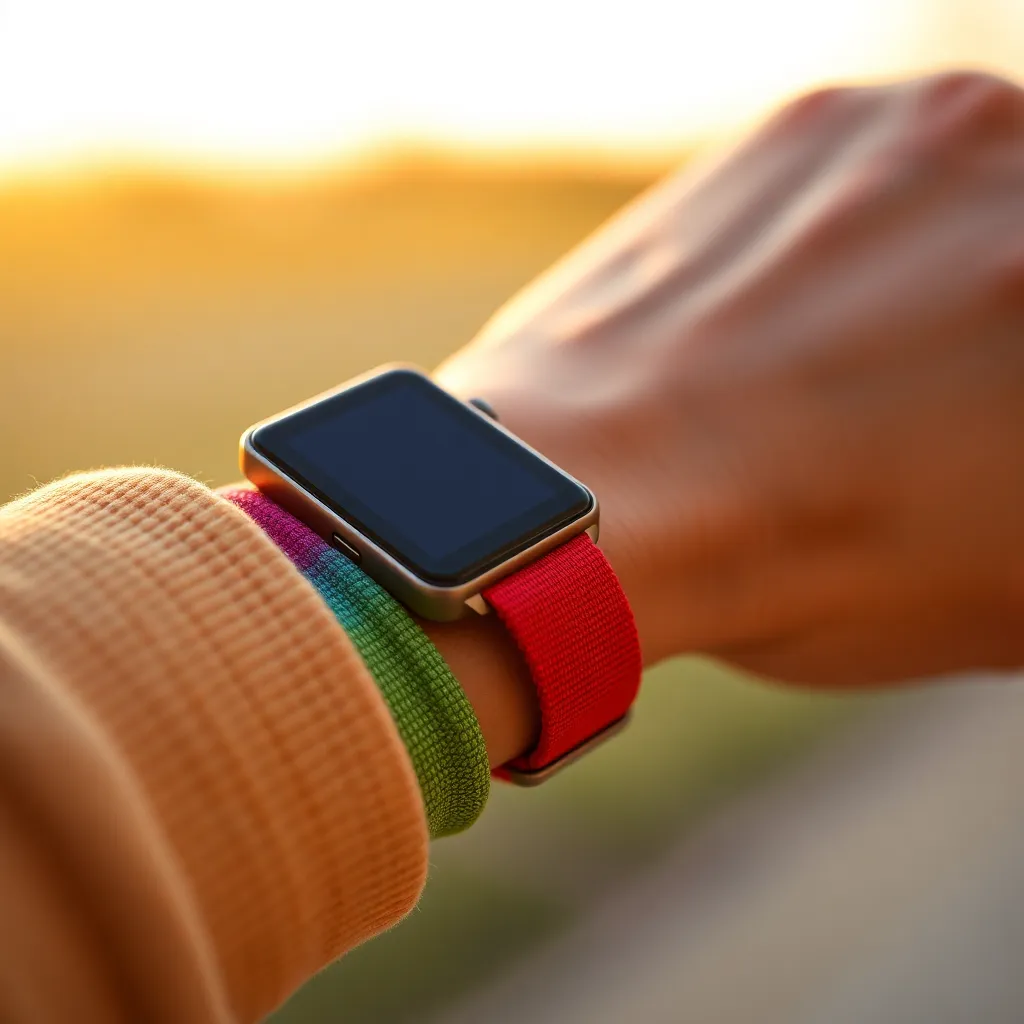 A close-up shot captures a vibrant fitness tracker on a wrist, showcasing its colorful fabric bands. Warm golden hour light beautifully highlights the textures of the accessories. The shallow depth of field draws attention to the details of the tracker while creating an inviting, soft background. This image reflects an active yet stylish lifestyle.