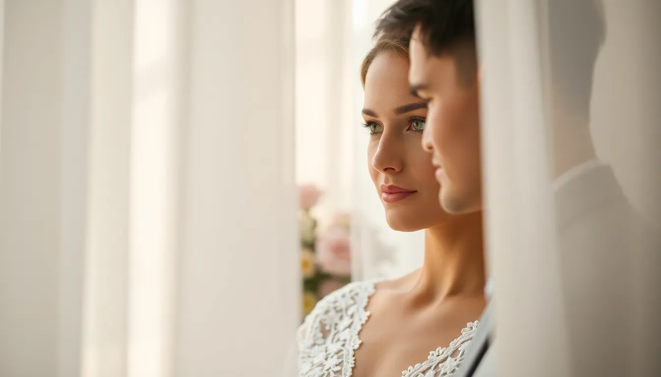 This intimate wedding portrait captures a bride and groom in a soft-lit setting, surrounded by delicate floral arrangements. The gentle glow of diffused daylight enhances their warm skin tones, creating a romantic atmosphere. The bride's lace gown and the groom's tailored suit add texture, while the bokeh background draws the viewer's attention to their loving expressions. This image beautifully encapsulates the essence of love and celebration on their special day.