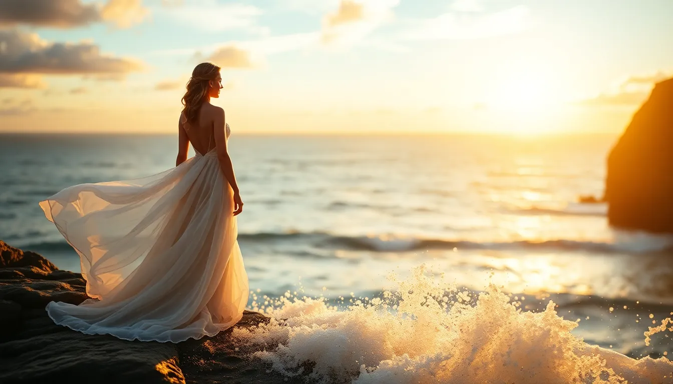 A breathtaking photograph capturing a bride in a flowing white gown standing on a cliff during golden hour. The warm rim light enhances her silhouette against a vibrant sunset sky, while the ocean waves crash below, adding an element of drama. The composition and soft bokeh create a dreamy atmosphere, perfect for wedding-related content.