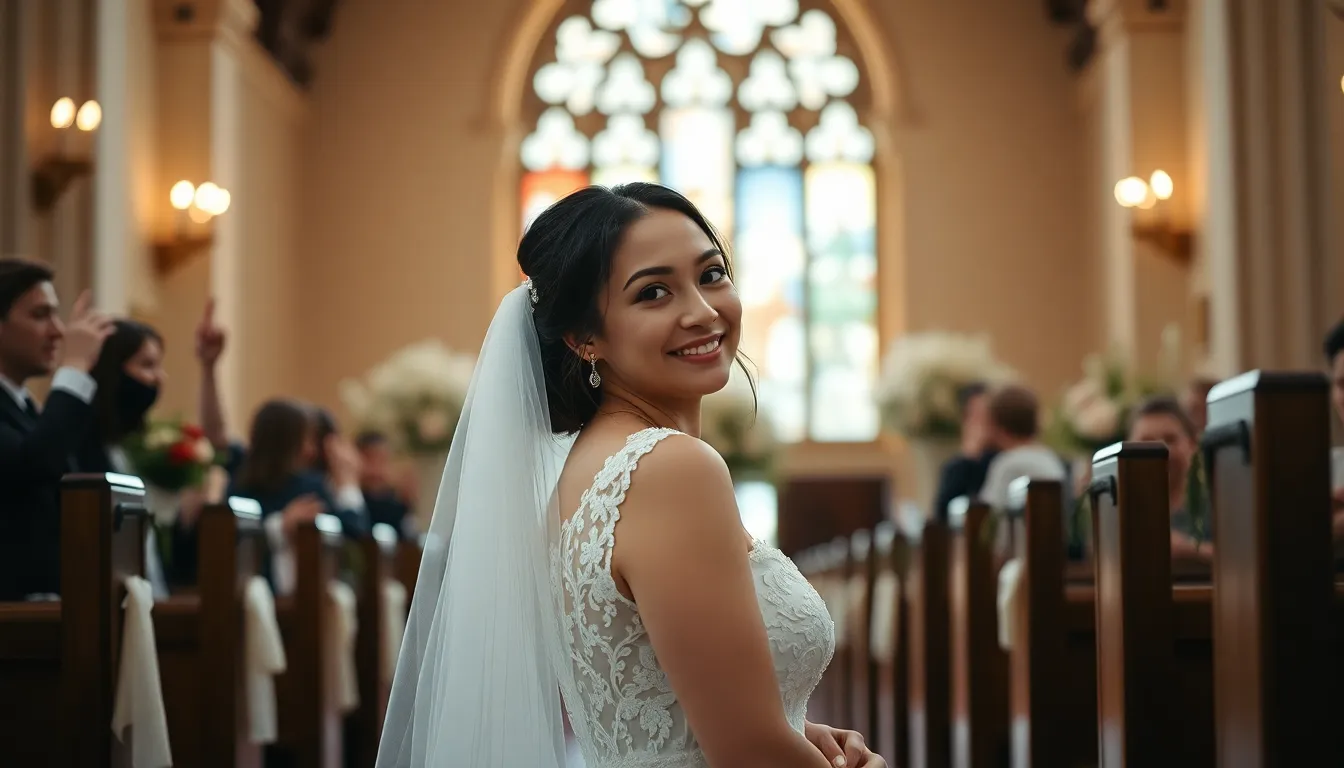 A stunning bride stands in a softly lit chapel, her emotional expression captured beautifully. Sunlight filters through stained glass windows, creating an ethereal effect. The warm tones of her delicate ivory gown contrast with the rich wood of the pews, while intricate lace details are elegantly showcased. This intimate moment showcases the tranquil beauty of wedding preparations.