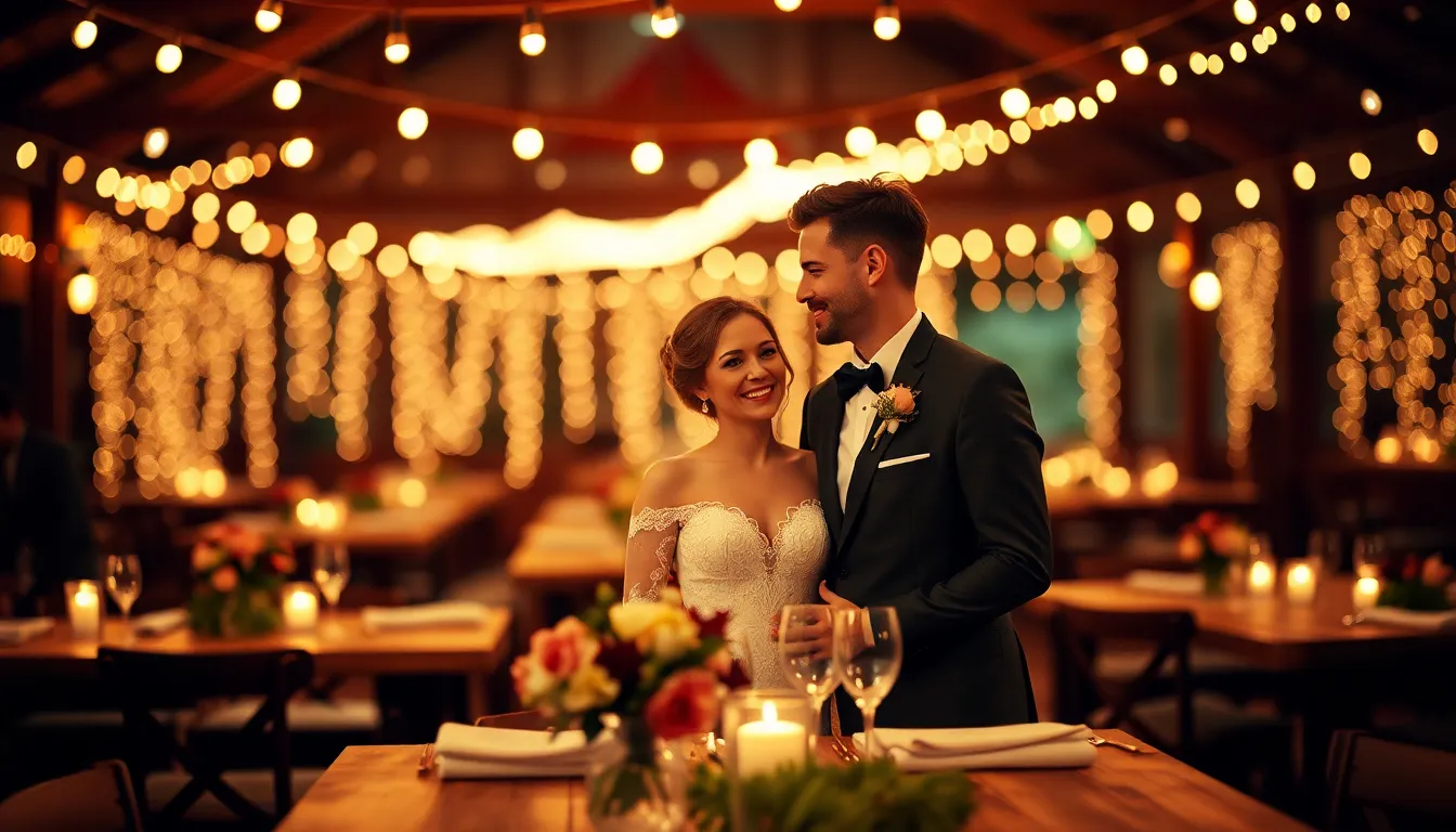 This enchanting wedding scene features a couple sharing a tender moment amidst a beautifully decorated reception. The warm glow from the tungsten string lights creates a cozy atmosphere, highlighting the couple's joyful expressions. With soft floral arrangements and rustic wooden details, the image captures the essence of love and celebration. The creamy highlights and warm tones enhance the romantic mood, making it ideal for wedding-themed visuals.
