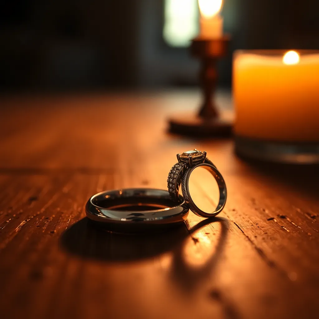 Wedding Rings on Rustic Wood This close-up image features two wedding rings elegantly displayed on a rustic wooden table. The warm glow from a candle creates an intimate atmosphere, highlighting the intricate details of the rings. With rich color tones and soft textures, the shot illustrates the significance of this cherished symbol of love. Perfect for wedding-themed content and editorial uses.