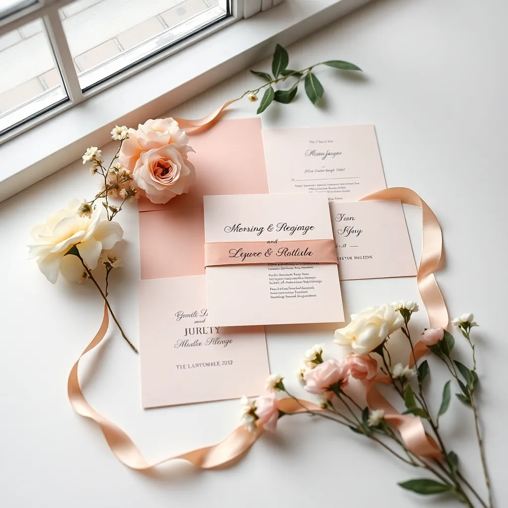 This exquisite flat lay features a beautifully styled wedding invitation suite surrounded by soft florals and delicate ribbons, capturing the essence of elegance. Natural diffused daylight enhances the rich colors and textures of the invitation materials, creating a refined visual appeal. The shallow depth of field draws attention to the intricate detailing, while the muted pastels infuse a sophisticated ambiance. This symmetrical composition elegantly showcases the invitation, evoking excitement for the upcoming celebration.