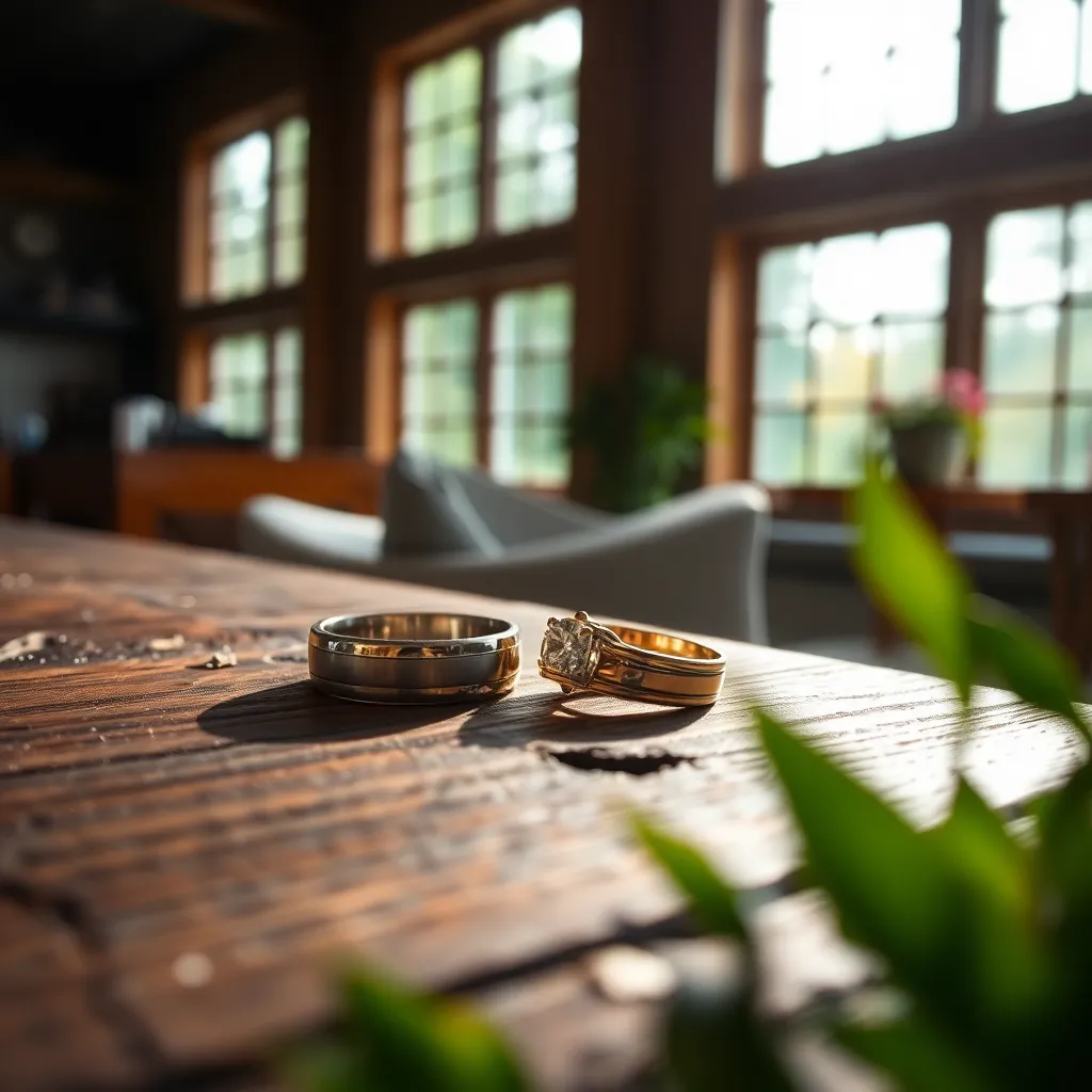 This close-up image captures the exquisite details of wedding rings resting on a rustic wooden table. The bright natural light accentuates the shine and texture of the metals, while lush greenery frames the scene, enhancing its organic feel. This evocative shot is perfect for wedding publications and online galleries, showcasing a couple's love symbol.