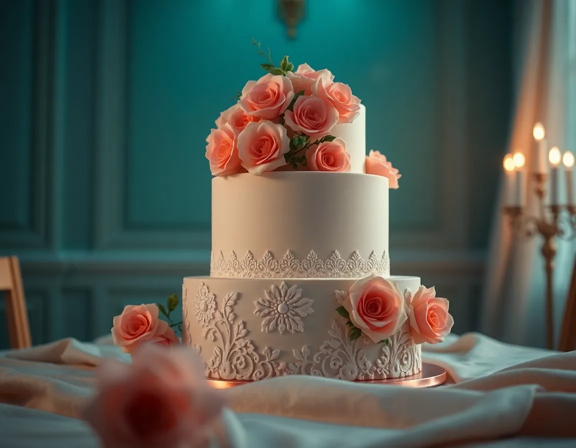 A gourmet wedding cake takes center stage in a beautifully arranged setting, adorned with intricate sugar flowers and lace patterns. The lighting creates a soft glow that highlights the cake's exquisite details against the backdrop of textured linen. A cinematic color grading adds a touch of elegance, enhancing the celebratory atmosphere. This composition captures the artistry and intricate craftsmanship of wedding desserts.