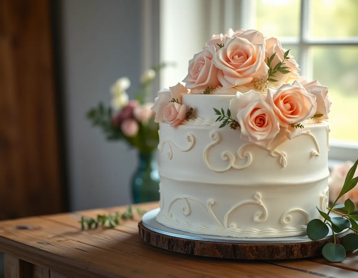 A stunning photograph of a beautifully designed wedding cake displayed on a rustic wooden table, featuring intricate floral decorations and delicate piping. The soft, natural light creates an inviting atmosphere, highlighting the cake's details against a blurred background. Perfect for wedding magazines or cakes, this image celebrates the artistry of wedding desserts.