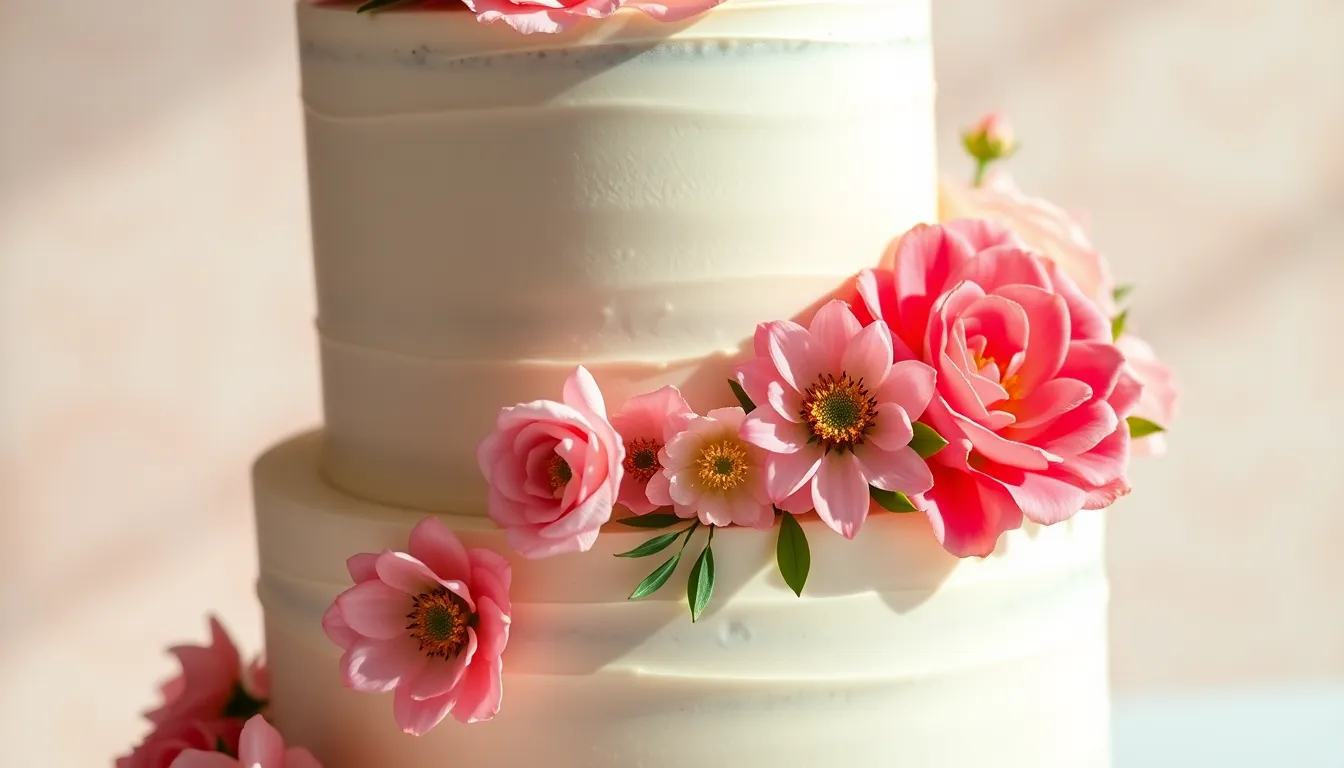 A beautifully designed wedding cake sits elegantly on display, adorned with fresh flowers and delicate gold accents. The dramatic side lighting accentuates its smooth frosting and intricate details, creating a visually striking image. The muted pastel backdrop enhances the cake's creamy hues, while the careful arrangement of flowers adds a touch of natural beauty. This image captures the essence of wedding elegance and celebration.