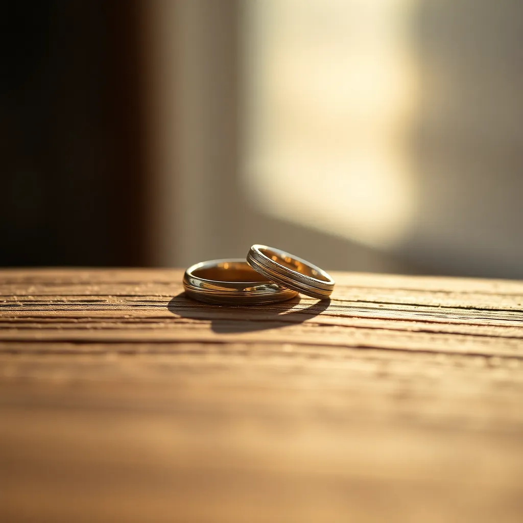 Close-Up of Wedding Rings on Textured Wood A detailed close-up of wedding rings elegantly placed on a textured wooden surface, showcasing their intricate designs and reflective surfaces. The soft natural light highlights the warm tones of the wood, enhancing the rings’ golden hues. This image embodies the beauty and intimacy of wedding moments, perfect for highlighting the significance of rings in a marriage ceremony.