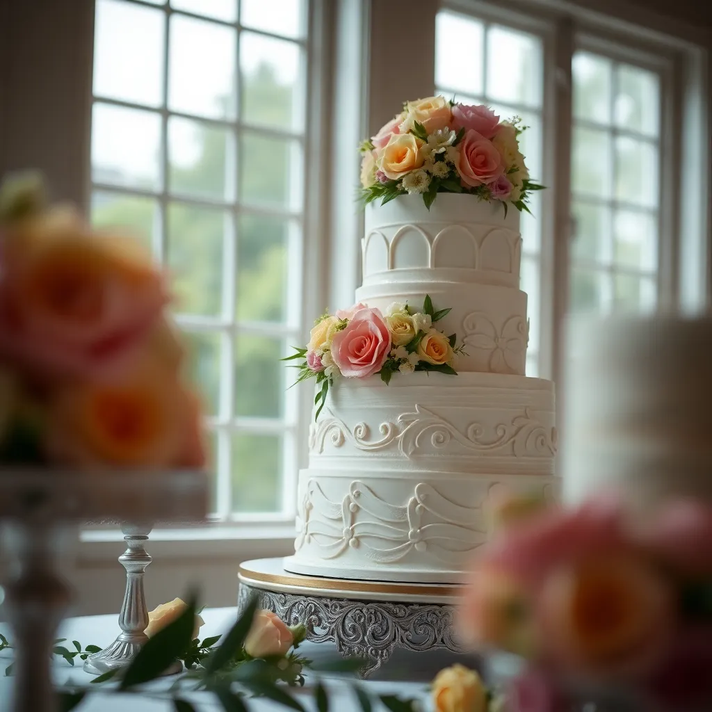 This close-up shot emphasizes the detailed craftsmanship of a beautifully decorated wedding cake. The soft, diffused daylight enhances the delicate textures of the fondant and the vibrant fresh flowers adorning the cake. The muted pastel colors create a romantic and elegant feel, while the selective focus draws attention to the cake's intricate details. This image encapsulates the artistry and celebration of a wedding feast.