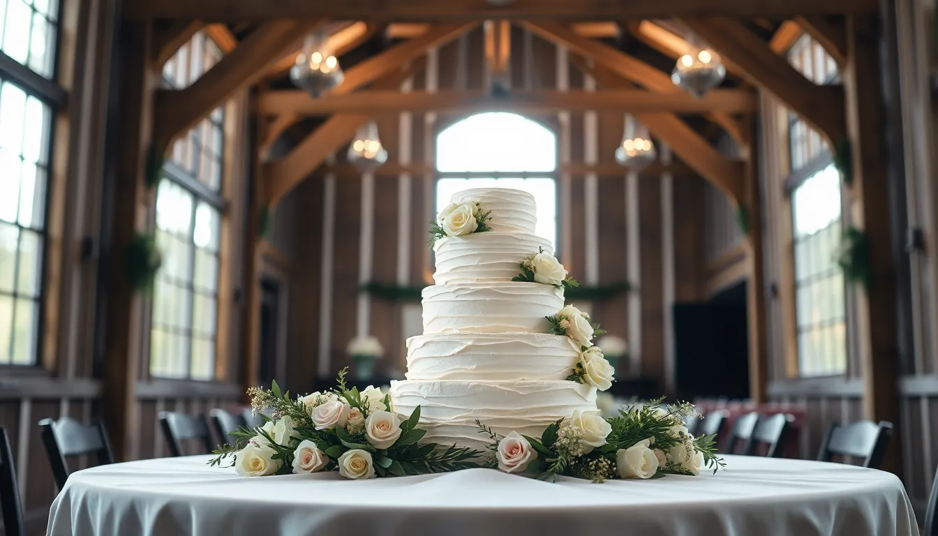 This photograph showcases an elegantly arranged wedding cake at a rustic venue, beautifully illuminated by natural light. The intricate details of the creamy frosting and fresh flowers create a visually stunning focal point, surrounded by the warmth of wooden textures. The soft pastels and greens present a fresh atmosphere, captivating viewers with the cake's exquisite craftsmanship. This image embodies the elegance and charm of wedding celebrations.