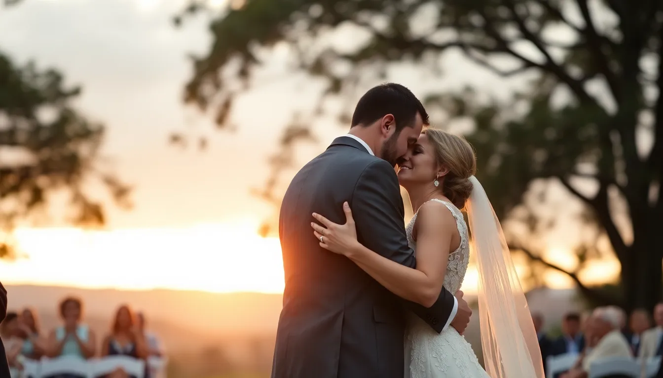 As the sun sets, a couple exchanges vows in a picturesque outdoor setting, surrounded by lush greenery. The soft, diffused light enhances the warm ambiance, creating a serene atmosphere for this intimate moment. Both the couple and the beautiful landscape behind them are in sharp focus, capturing the joy and love shared during the ceremony. The symmetrical composition highlights their union against a stunning backdrop.