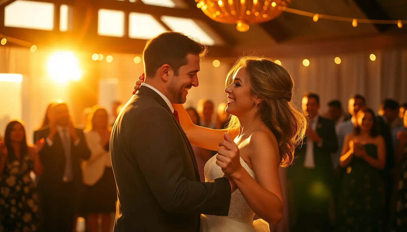 This vibrant image captures a couple dancing joyfully at their wedding during the golden hour. Backlit by the warm setting sun, they radiate happiness and love while guests cheer in soft focus behind them. The rich colors and intimate composition create a celebratory atmosphere that perfectly embodies the joy of the occasion.