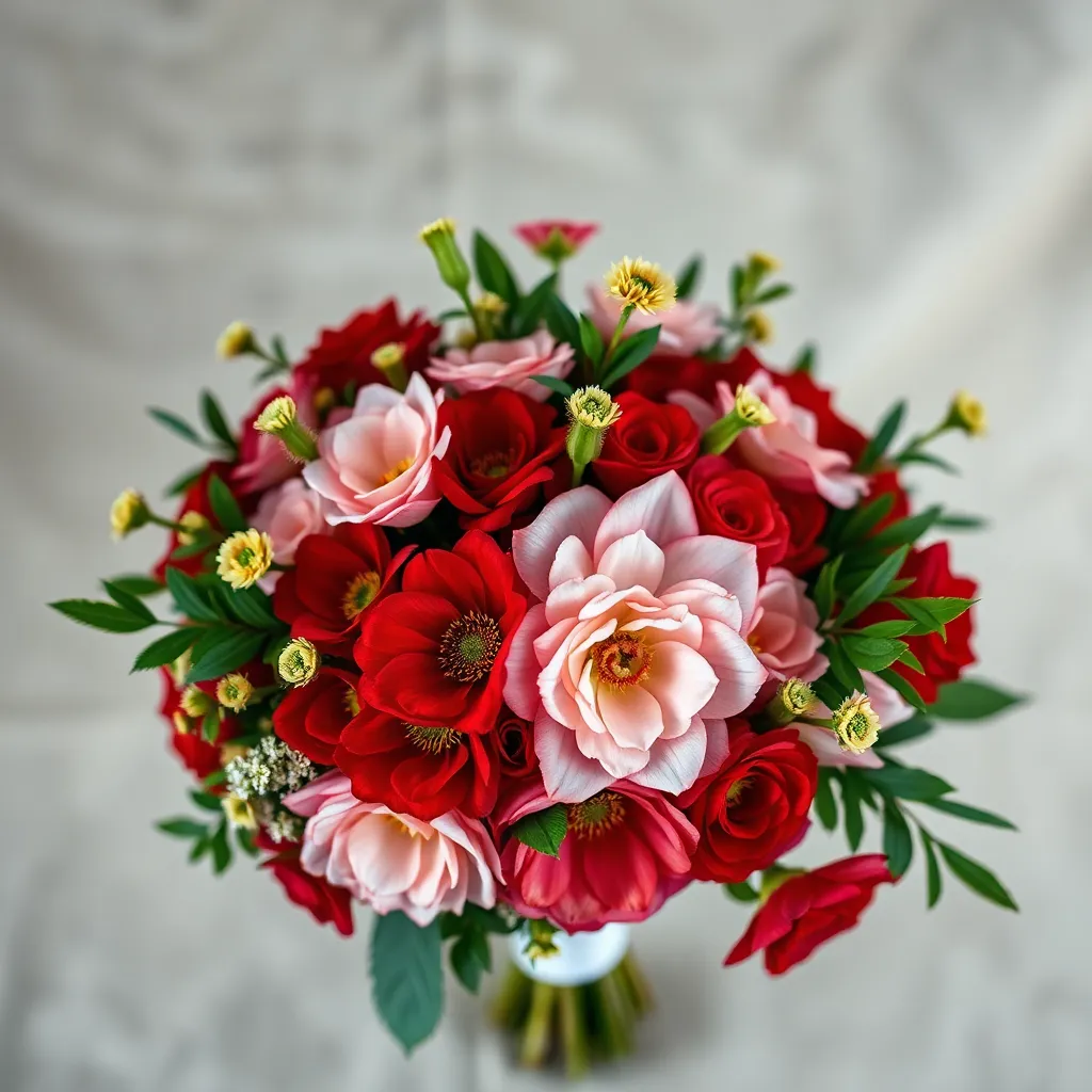 This beautiful close-up photograph showcases a vibrant wedding bouquet adorned with seasonal flowers in rich reds, soft pinks, and lush greens. The three-point lighting highlights the textures of each petal and leaf, creating a luxurious feel. Perfect for floral arrangements or wedding details, this image captures the essence of romance and elegance.