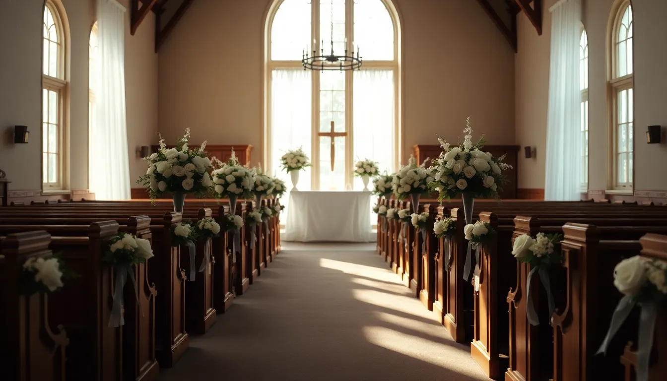 A beautiful wedding ceremony aisle setup, styled with elegant wooden pews and vibrant floral arrangements. Soft morning light floods the scene, creating a warm and inviting ambiance. With a hyperfocal distance rendering every detail sharp, the image draws the viewer's eye down the aisle towards the altar. The muted pastel color palette enhances the romantic feel of this wedding scene, ideal for capturing the essence of ceremonies.