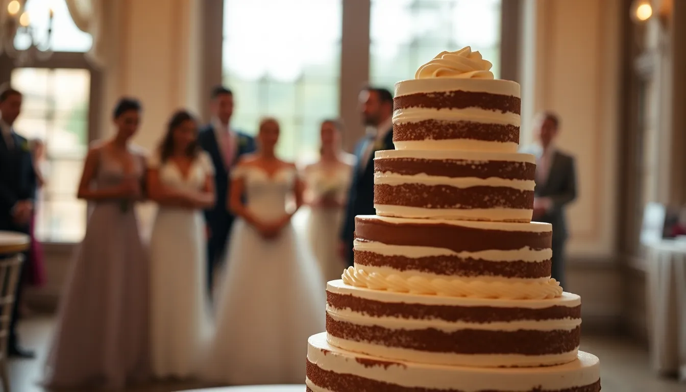An exquisite wedding cake is the centerpiece of this image, captured in soft natural light filtering through large windows. The rich brown and cream tones, accented by hints of gold, create a luxurious feeling. The shallow depth of field beautifully isolates the cake, revealing the intricate icing details, while elegantly dressed guests are softly blurred in the background. This composition evokes a sense of celebration and indulgence.