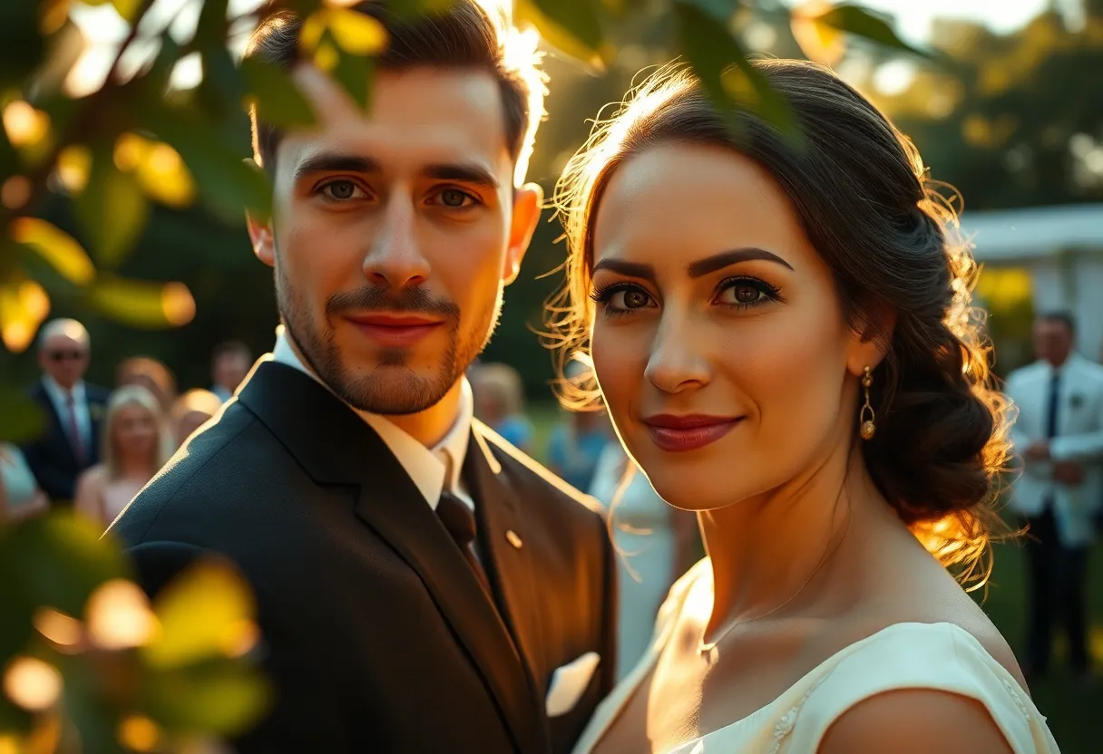 Outdoor Wedding in Golden Hour This breathtaking image captures a couple at their outdoor wedding, bathed in the enchanting golden hour light. The warm sun creates a magical atmosphere, while the couple's expressions focus on their love. Surrounded by nature, the scene features rich textures and soft colors, embodying the romance of the occasion. This image is perfect for wedding publications and heartfelt storytelling.