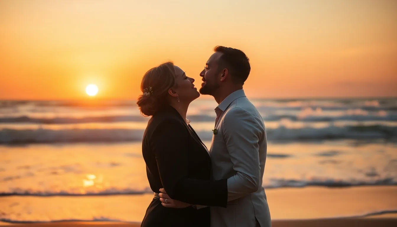 Romantic Beach Wedding Kiss at Sunset A stunning couple shares a romantic kiss on the beach as the sun sets, casting vibrant orange and pink hues across the sky. The warm golden hour light envelops them, creating a magical ambiance that showcases their love. The blurred crashing waves in the background add depth, while the centered composition highlights this intimate moment perfectly captured. It's a beautiful representation of love and celebration at a beach wedding.