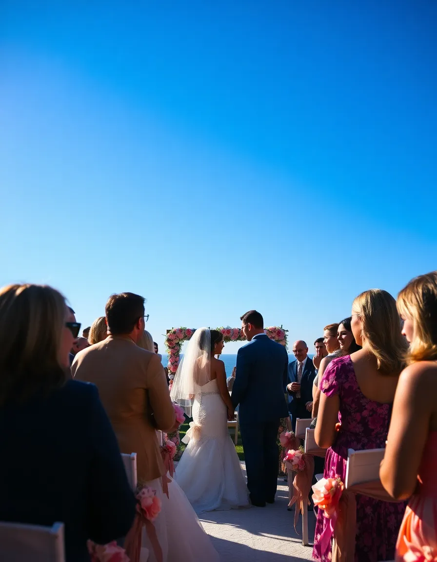 Candid Wedding Ceremony Moment Under Blue Sky A candid moment captured during a wedding ceremony under a clear blue sky, showcasing a couple exchanging vows surrounded by elegantly dressed guests. The vibrant colors highlight the floral decorations and the bride’s stunning attire, while the soft lighting enhances facial features beautifully. This image encapsulates the joy and intimacy of a wedding ceremony, perfect for evoking emotion and celebration.