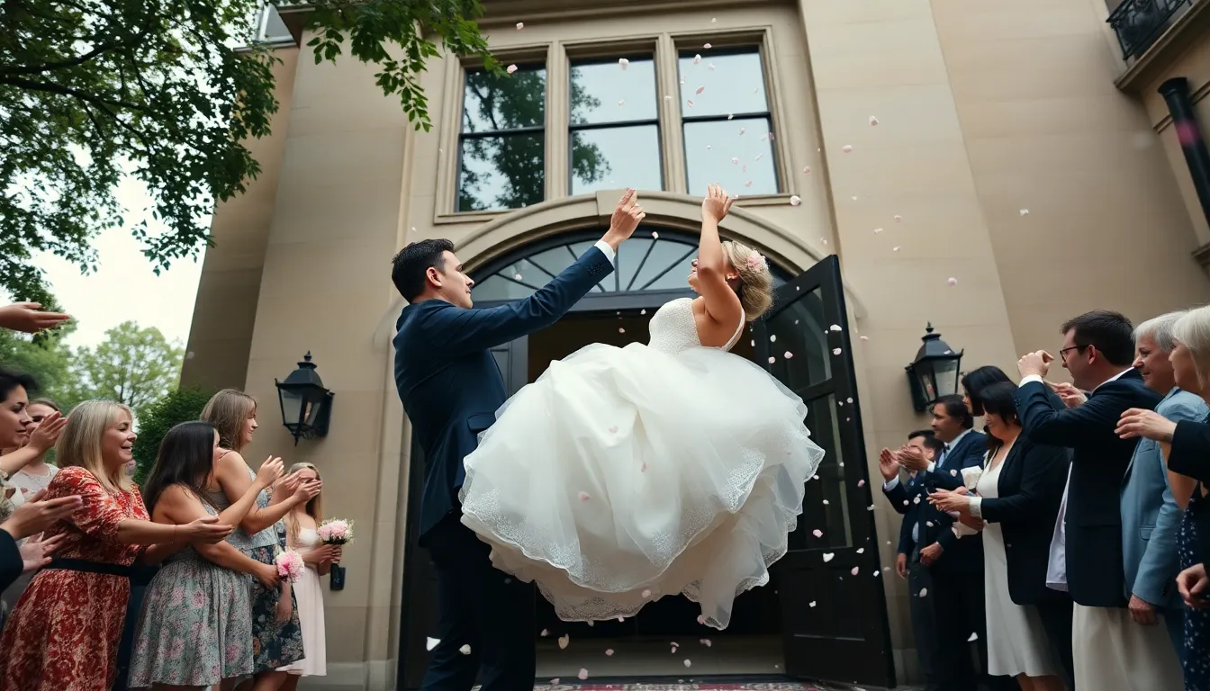 A dynamic image capturing a groom lifting his bride as they joyfully exit a grand wedding venue, surrounded by flowing flower petals. The soft overcast lighting adds a romantic touch, perfectly framing the couple’s ecstatic expressions. This image beautifully conveys the emotion and celebration of their special day, ideal for wedding photography collections.