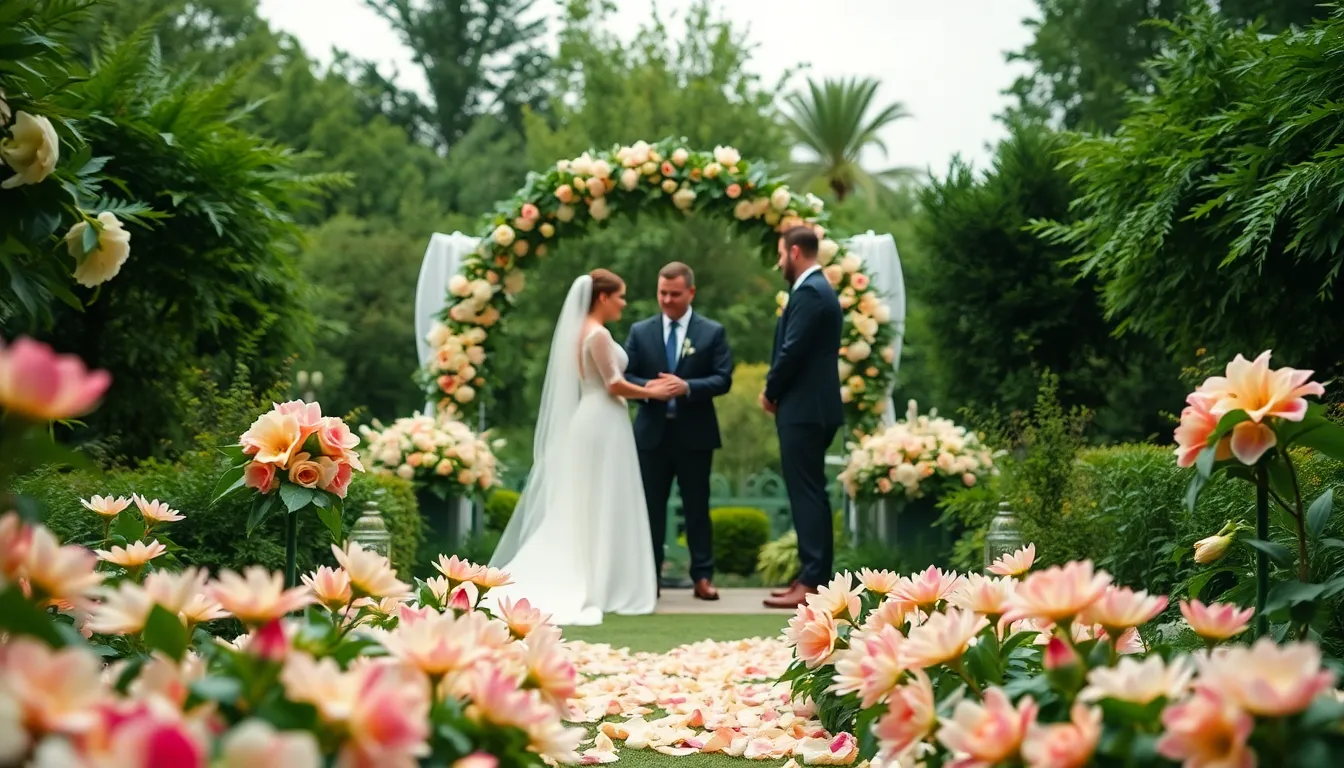 Couple Exchanging Vows in Garden In this enchanting scene, a couple exchanges vows in a beautifully manicured garden. Overcast skies create a tranquil ambiance, perfect for an intimate ceremony. The lush greenery surrounds them, while floral decorations accentuate their love. With sharp clarity from foreground to background, this image vividly captures the moment and texture of their garments, embodying the magic of weddings.