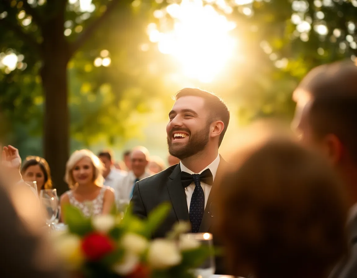 This vibrant scene captures the joyous atmosphere of a wedding reception, featuring guests sharing laughter under warm fairy lights. The rich golden tones of the lighting create a sense of warmth and intimacy. Sharp focus on the guests contrasts with the soft background, while the textures of wooden tables and fabric details enhance the festive ambiance. This photograph embodies the spirit of celebration and togetherness at a beautiful wedding event.