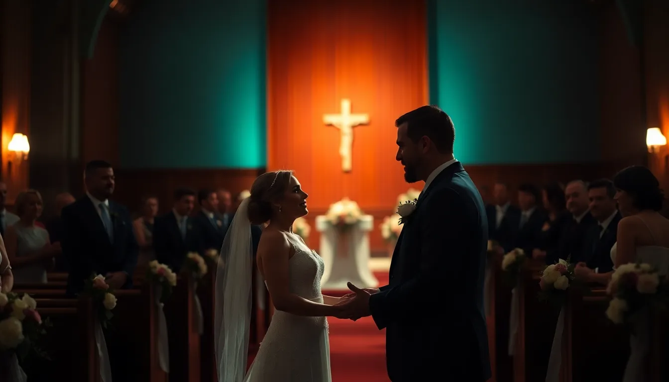 A captivating moment of a couple exchanging vows under an elegantly adorned floral arch. The Rembrandt lighting creates dramatic shadows, enhancing the emotional gravity of the scene. Shot with a shallow depth of field, the focus remains on the couple, while the textured wooden altar and aisle lead the viewer's eye directly to the heart of the wedding. The cinematic teal and orange tones transform the atmosphere into something truly magical.