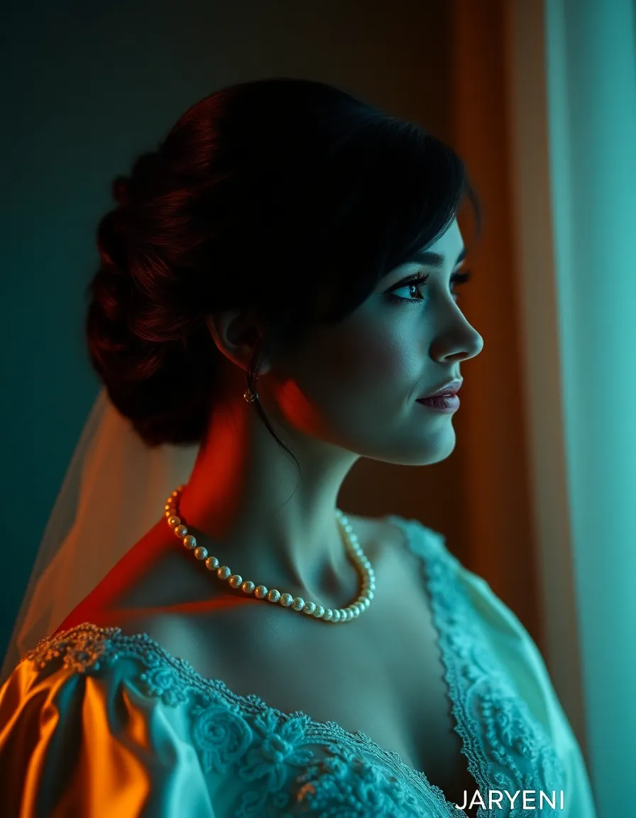 This stunning bridal portrait is captured with dramatic studio lighting that highlights the bride's serene expression. The Rembrandt lighting style creates captivating shadows, adding depth to the image. The teal and orange color grading give a cinematic feel, while the soft texture of the silk gown and pearls adds elegance. The composition draws the viewer’s eye to the bride’s contemplative gaze, evoking emotions of anticipation and joy.
