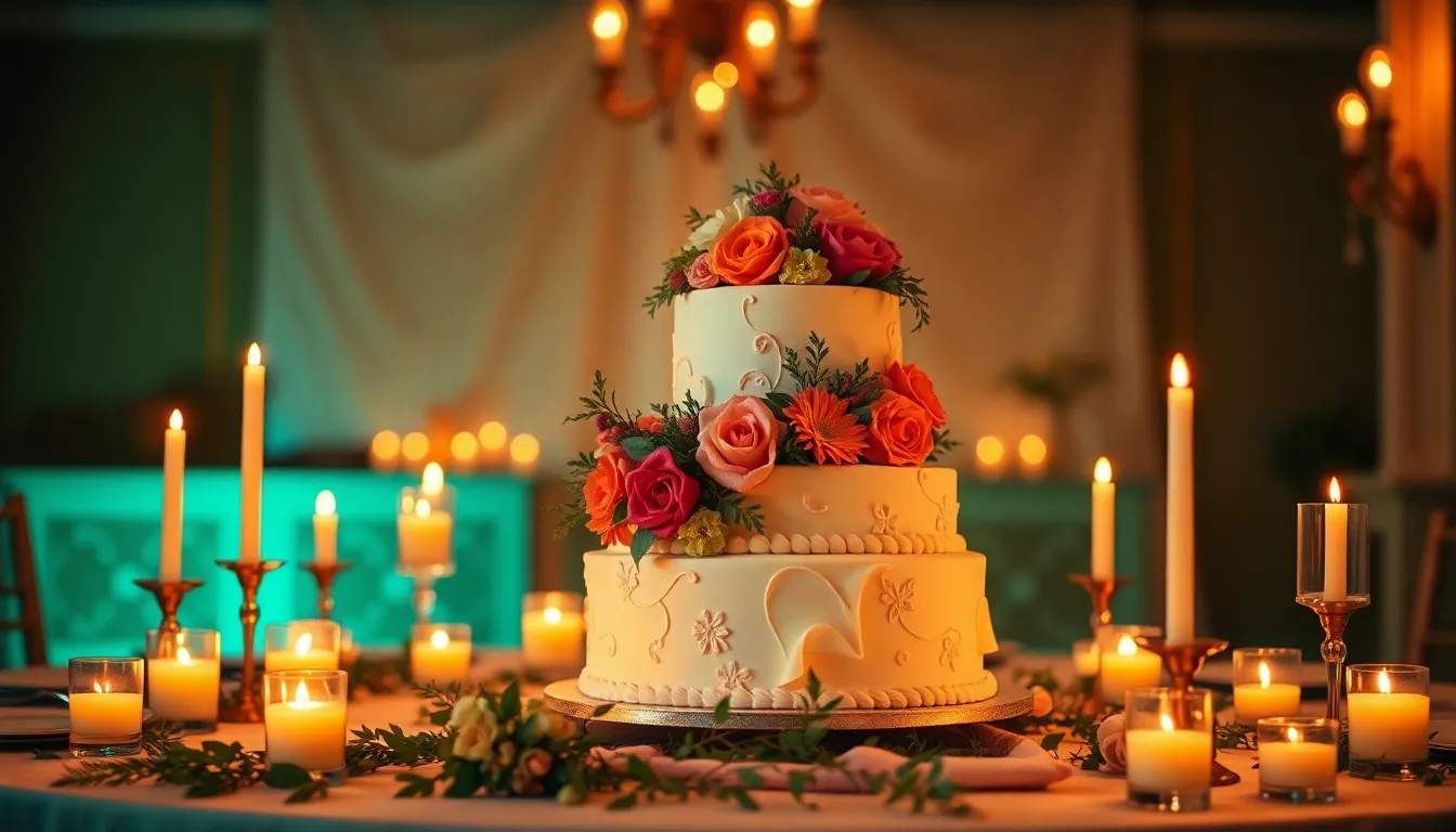 This captivating image showcases a romantic wedding reception table, beautifully adorned with soft candlelight. The elegant wedding cake, highlighted by the warm glow, stands as the centerpiece surrounded by delicate floral arrangements. The use of cinematic color grading enhances the overall mood, making this scene perfect for wedding planners and event decorators.