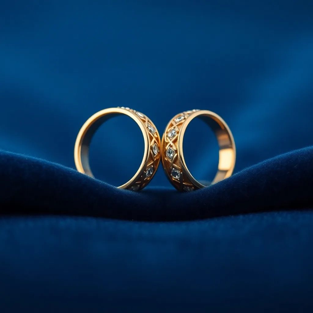 This exquisite macro shot features intricately designed wedding rings elegantly resting on plush blue velvet fabric. Soft studio lighting beautifully highlights the reflections and details of the rings, enhancing their luxurious appearance. With a shallow depth of field, the rings are crisply rendered against a gently blurred backdrop, drawing the viewer's focus. Rich gold and silver tones contrast beautifully with the deep blue fabric, creating a sophisticated aesthetic that elevates the significance of the rings.