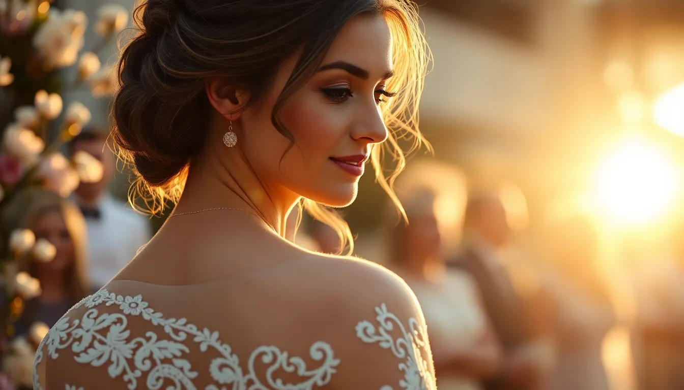 Bride in Lace Gown at Sunset This stunning image captures a bride in a lace gown basking in the warm glow of the golden hour. The gentle backlight highlights her features while softening the surroundings into a dreamy bokeh. With pastel colors and floral accents, the scene evokes romance and beauty, perfect for wedding themes. The intricate details of her dress contrast beautifully with the blurred celebration in the backdrop.