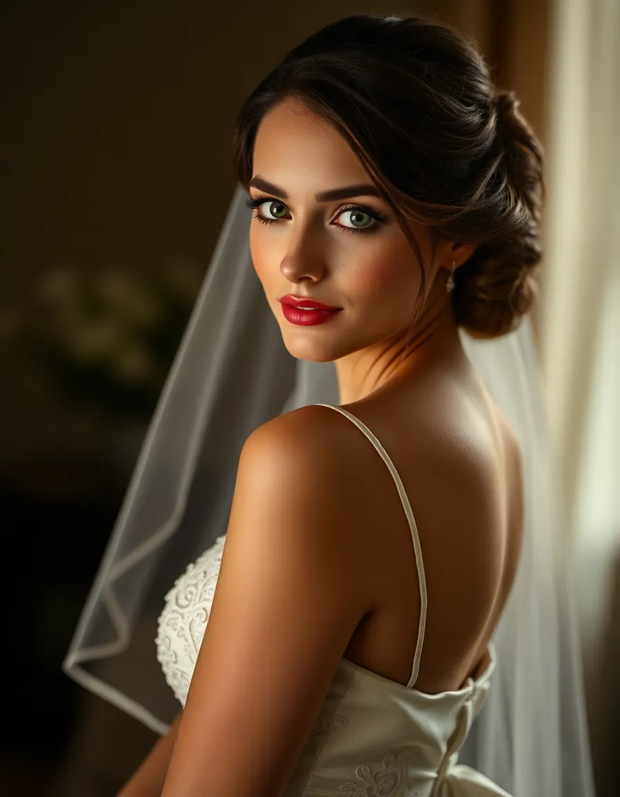 This stunning bridal portrait captures the bride with a soft, ethereal expression, illuminated by Rembrandt lighting. The elegant gown, made of delicate lace, stands out against a blurred background, emphasizing her enchanting beauty. The muted color palette adds a touch of sophistication, making this image perfect for wedding magazines and promotional materials.