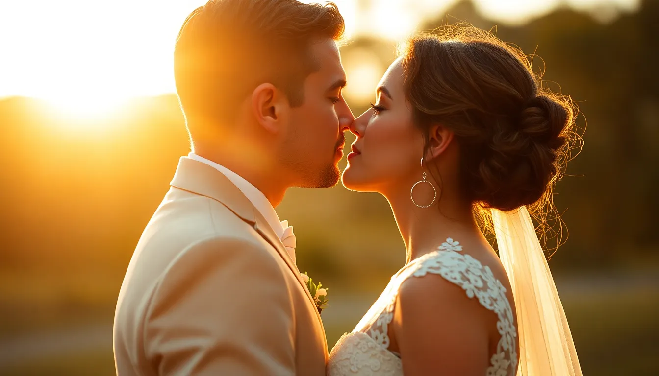 This heartwarming image features a newlywed couple sharing a tender kiss during the golden hour, bathed in warm backlighting. The soft glow surrounding them highlights their joyful expressions and the intricate details of their wedding attire. Shot with a shallow depth of field, the image showcases the texture of their skin and fabrics, inviting viewers to relish in their love. The symmetrical composition enhances the romance of the scene.