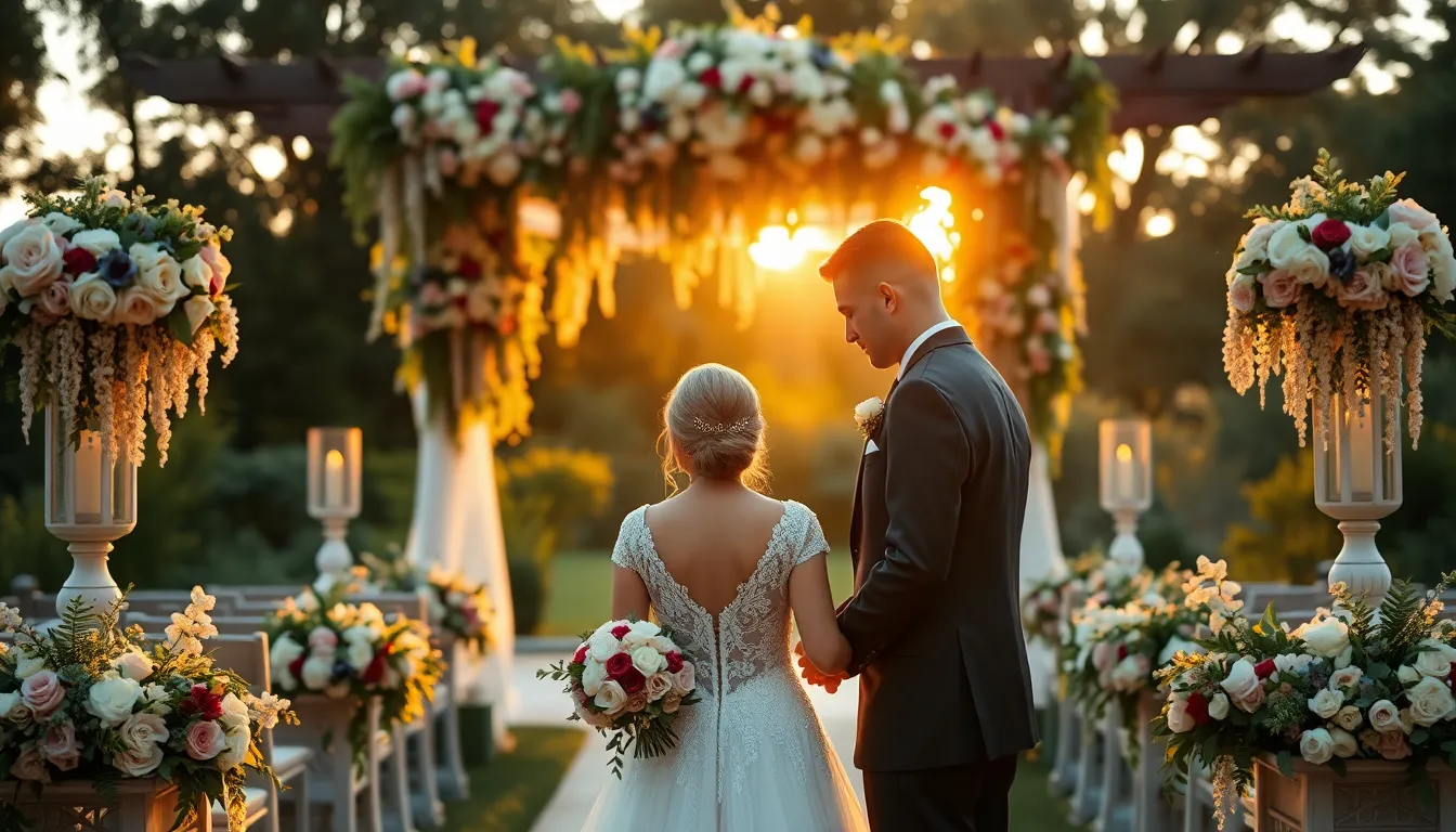 An idyllic outdoor wedding ceremony takes place as the sun sets, casting a golden hue over the scene. The couple stands before an elaborate floral altar, surrounded by nature's beauty. The saturated colors of the flowers and lush greenery create a vibrant atmosphere, while the focused clarity captures every detail, from the bride’s lace dress to the decorative elements. This image embodies the magic of love during a picturesque moment.