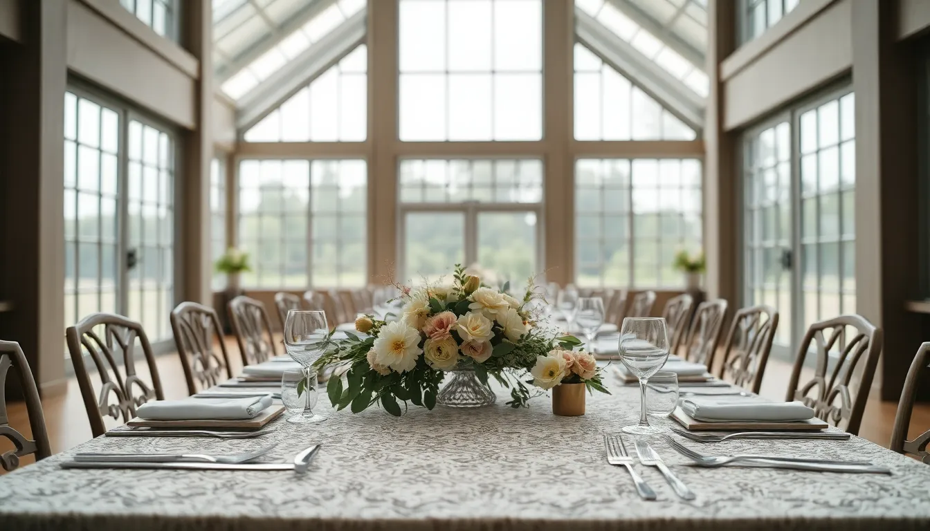Elegant Wedding Reception Setup An elegantly arranged wedding reception table showcases beautiful floral centerpieces against a backdrop of large windows. The soft, diffused daylight highlights the fine details of vintage china and the rich textures of weathered wooden tables. With a color palette of muted earth tones, the atmosphere feels warm and inviting. Guests are yet to arrive, creating a serene pre-celebration mood.