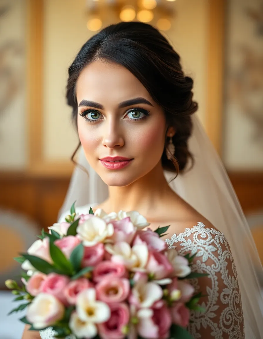 A stunning portrait of a bride holding an exquisite floral bouquet showcases intricate details and textures. The Rembrandt lighting illuminates her graceful features and enhances the warmth of her skin. The soft focus draws attention to her eyes while the background blooms into a dreamy bokeh. The composition highlights the bride's elegance and the beauty of her special day.