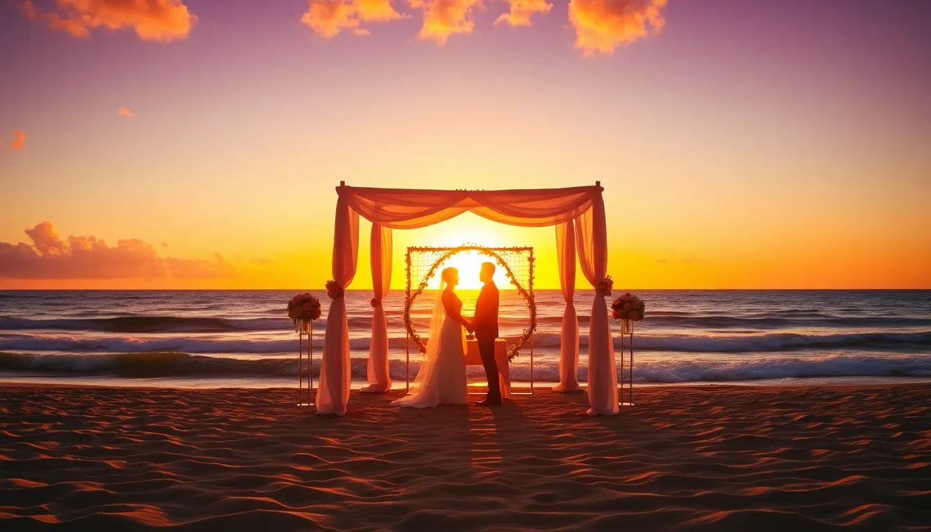 This breathtaking beach wedding photograph captures a couple at their altar during sunset, backlit by vibrant golden and purple skies. The soft focus effect creates an ethereal ambiance, enhancing their silhouettes against the waves. The picturesque setting, combined with the gentle textures of sand and water, exemplifies the magic of a beach wedding. This romantic scene perfectly embodies the beauty of love, nature, and celebration.