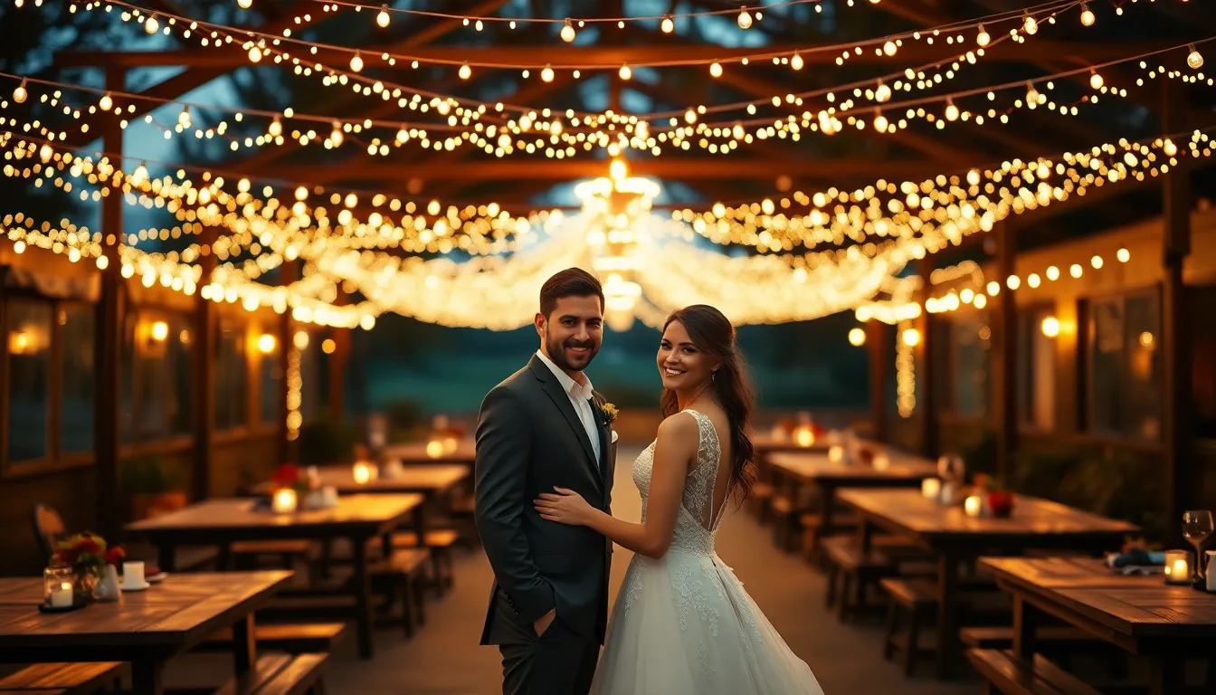 This enchanting scene captures a beautifully decorated outdoor wedding reception illuminated by twinkling fairy lights. The rustic wooden tables create a cozy ambiance as the bride and groom share a tender moment in the foreground. The warm evening light envelops the setting, enhancing the romantic atmosphere. With a shallow depth of field, the couple stands out against the softly glowing background, creating a captivating focal point. This serene composition evokes feelings of love and celebration.