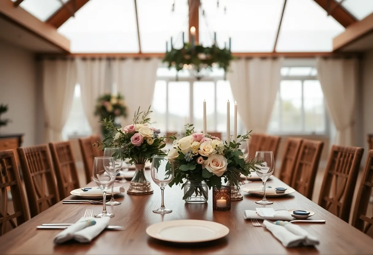 Elegant Wedding Table Decor with Floral Arrangements An elegant wedding table setting featuring exquisite floral arrangements and fine china, beautifully arranged under soft natural light. The overcast sky enhances the muted color palette, creating a serene and romantic atmosphere. The composition focuses on the intricate details of the table decor, showcasing textures from polished wood to delicate fabric. This image reflects the warmth and sophistication of a joyful wedding celebration.