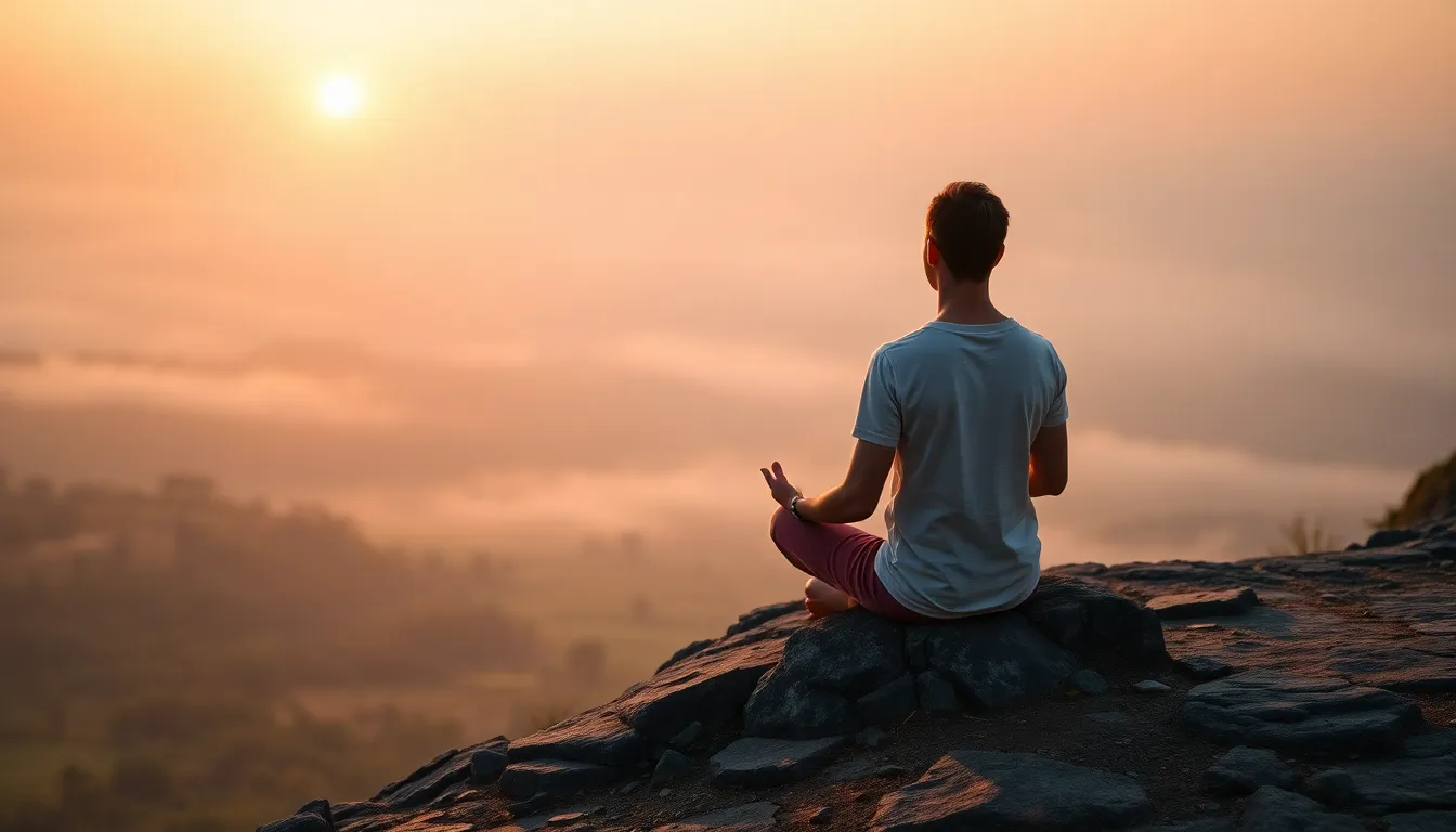 Outdoor Meditation at Sunrise on a Cliff This breathtaking image captures a meditative figure sitting on a cliff, overlooking a misty valley at sunrise. The warm golden light of the morning envelops the subject, creating an ethereal glow that symbolizes peace and serenity. The soft pastels of the sky blend seamlessly with the natural tones of the rocky terrain, enhancing the calming atmosphere of wellness and mindfulness. The sharp focus on both the subject and the stunning landscape invites viewers to experience the beauty of nature in their quest for tranquility.