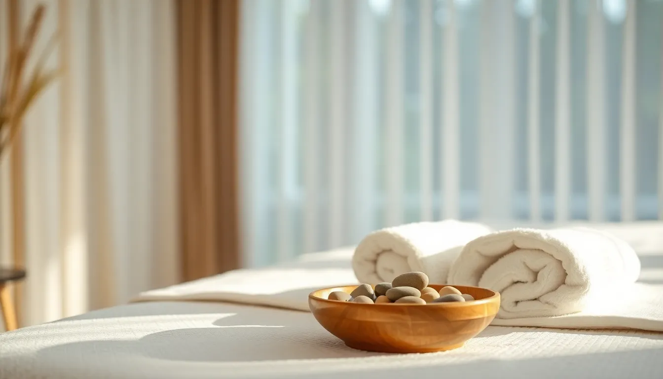 This image depicts a peaceful spa environment ideal for wellness and relaxation. The soft, diffused light creates an inviting atmosphere, highlighting the textures of fluffy white towels and smooth pebbles arranged on the massage table. The warm earthy tones enhance the serene mood, making it perfect for themes of health and well-being. The gentle bokeh in the background draws attention to the tranquil setting, encouraging thoughts of rejuvenation and self-care.