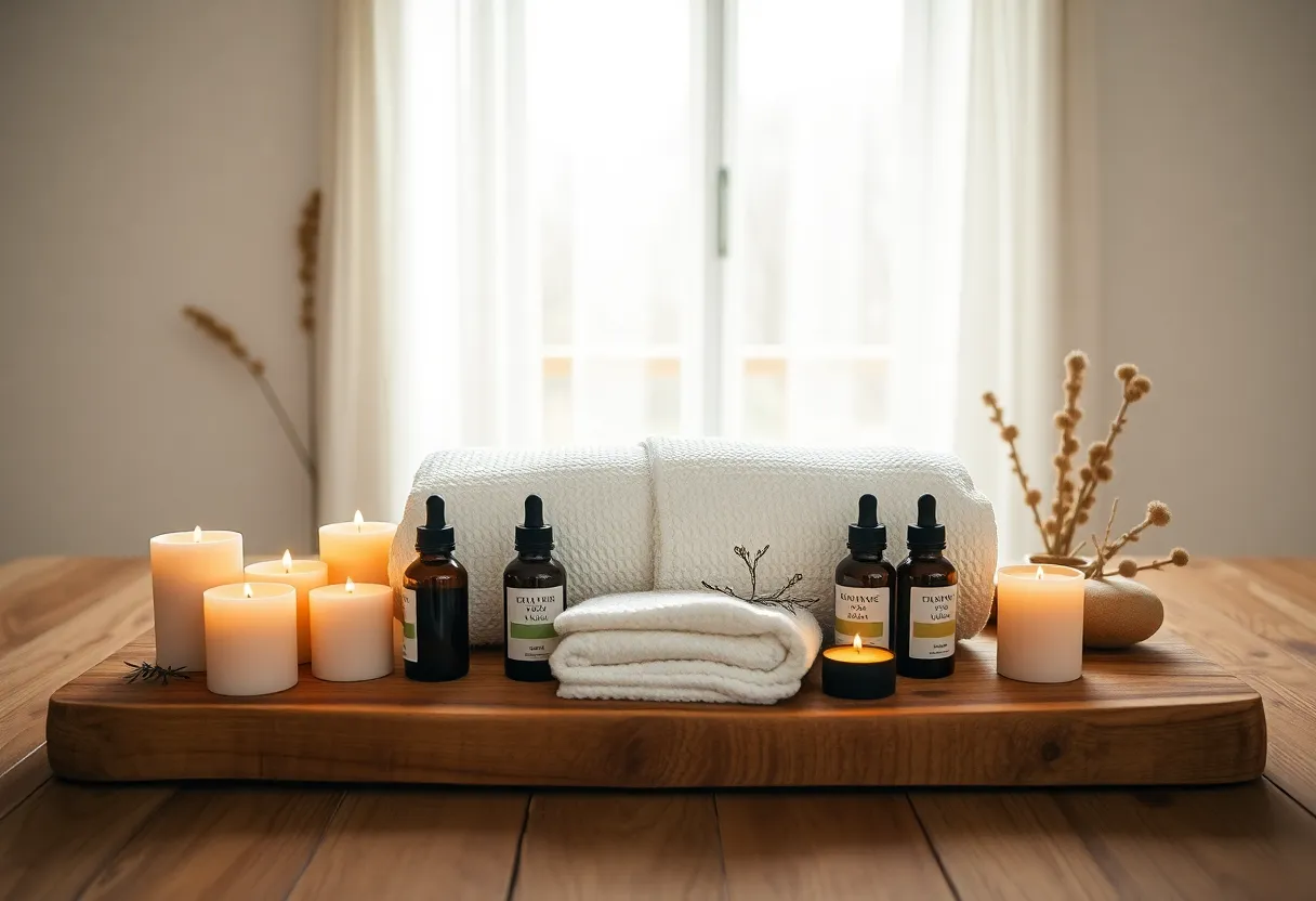 This inviting image showcases a tranquil spa setting, featuring a rustic wooden table adorned with scented candles and essential oils. The overcast lighting creates a soft, even glow, highlighting the natural textures of the materials. The symmetrical composition conveys a sense of balance and peace, making it a perfect representation of wellness and self-care. The muted earth tones enhance the calm, serene atmosphere, inviting viewers to envision a soothing experience.