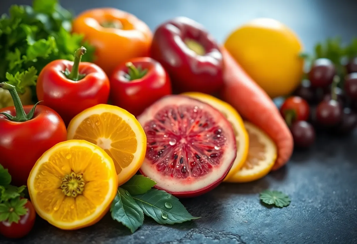 Fresh Produce Display for Wellness This vibrant image features an exquisite arrangement of fresh fruits and vegetables, designed to inspire healthy living. The natural light accentuates the rich colors of the produce, with water droplets adding a fresh touch. The textured slate background enhances the visual appeal, creating a striking contrast that draws attention to the vivid hues. The shallow depth of field ensures the freshness of each item is front and center, capturing the essence of wellness and nutrition in an artful manner.